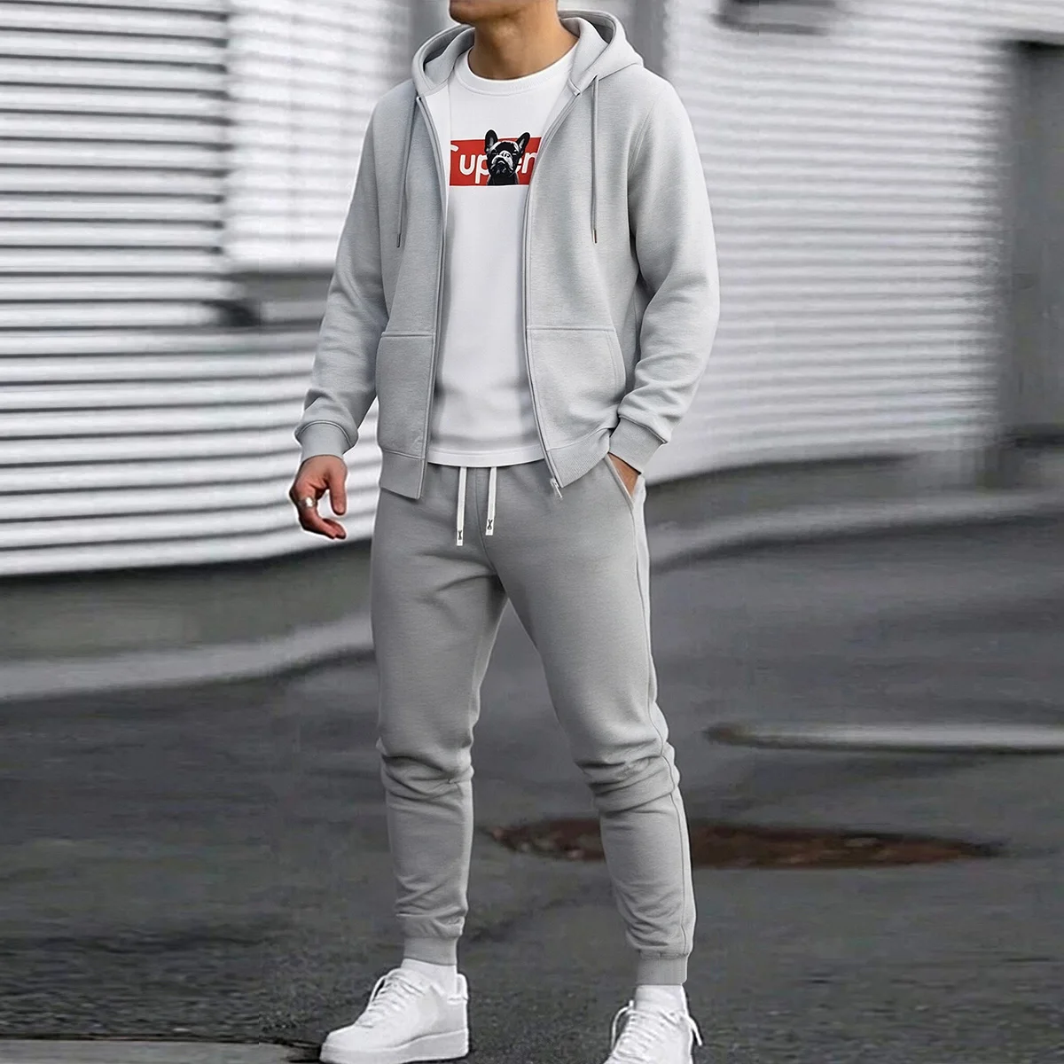 

2-Piece Spring New Men's Sweatshirt and Sweatpants Set, Hooded Cardigan with Drawstring Design, Casual Sports Outdoor Daily Wear
