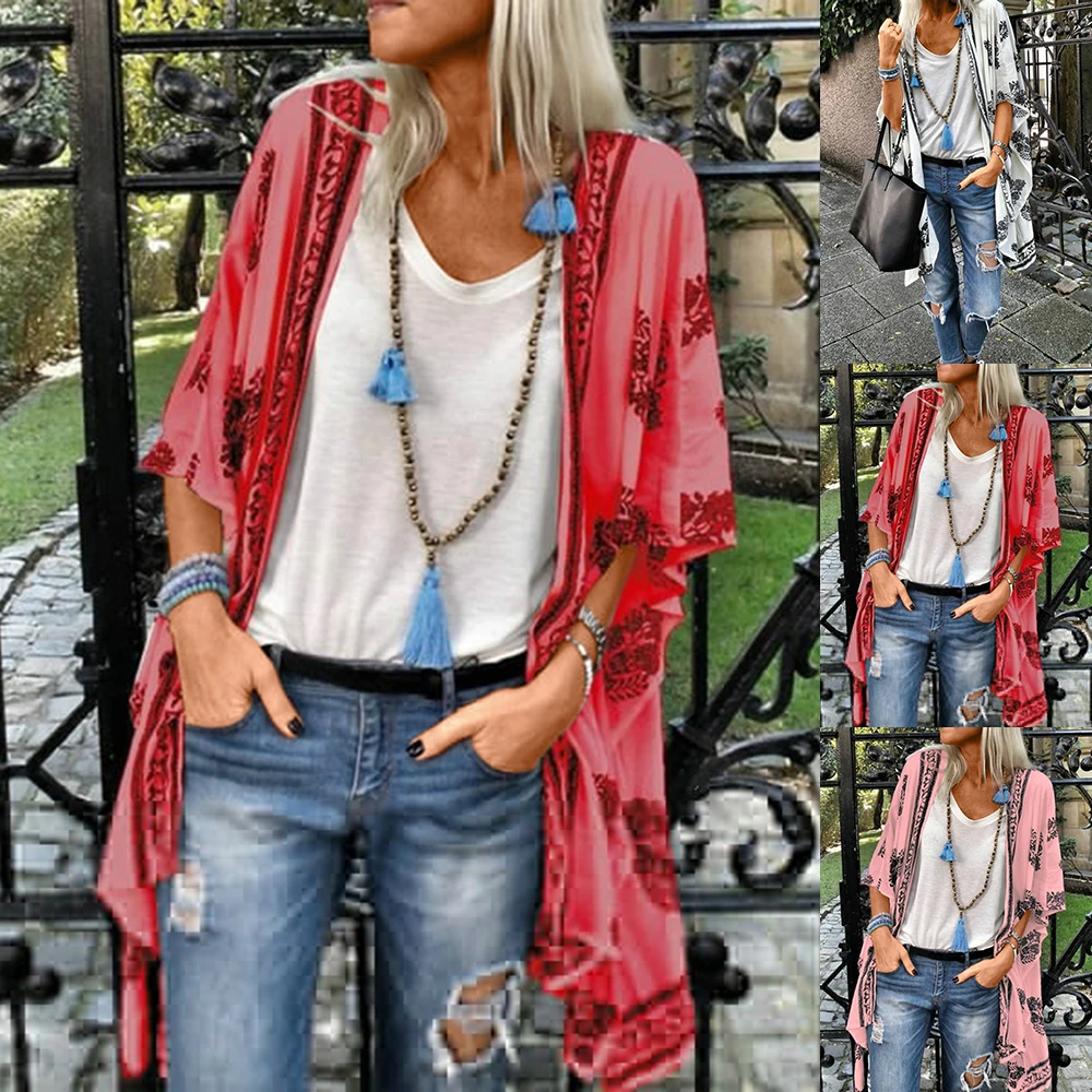 Moda damska nadruk w stylu Boho kardiganowe koszule bluzka damska luźna topy Cover Up luźna odzież Plus Size