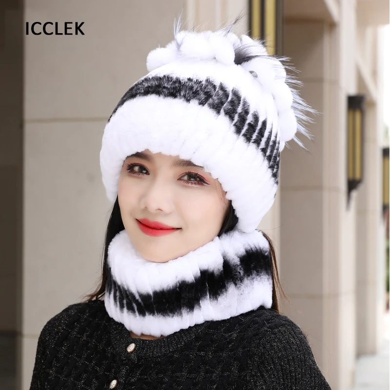 

Real Fur Hats For Women Winter Natural Rex Rabbit Fur Hat And Scarf Set Kniting Warm Snow Caps Ladies Elegant Beanies Cap