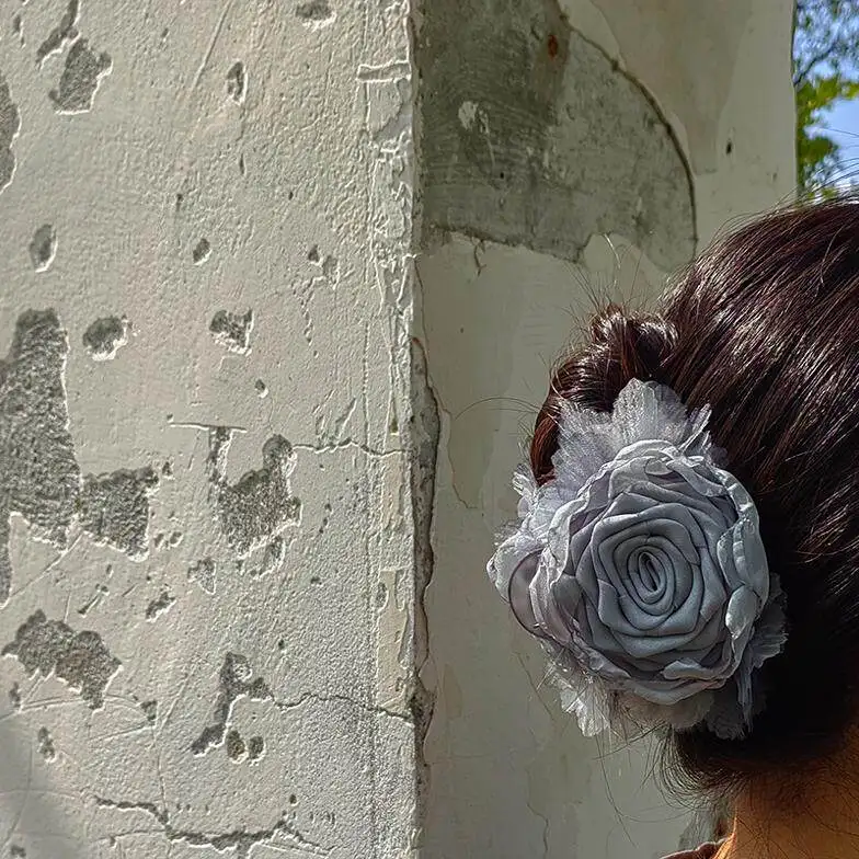 Handmade Gray Blue Rose Hair Claw Vintage Wilted Flower Clip Chinese Accessory for Photo Sessions and Everyday Wear
