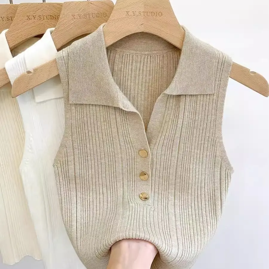 Women Apricot Sleeveless Knit Polo Top Polo Collar Button Front Ribbed Knit Slim Fit Preppy Style Office Lady Knitwear