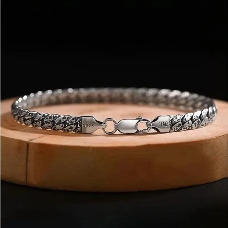 CHUANGCHENG Luxury Personality Men's Trend Retro 925 Silver Bracelet Design Simple Cuban Chain Bracelet Birthday Gift