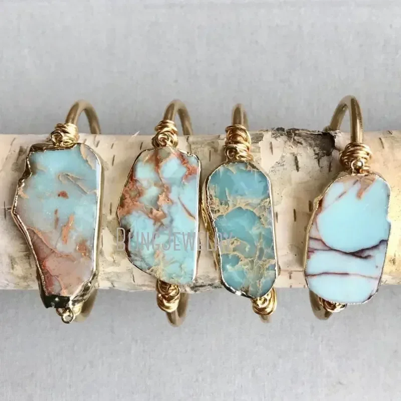 10pcs Natural Stone African Opal Bangle Bracelet Gold Color Stainless Steel Cuff Women Bridesmaid Gift Boho Wedding Jewelry