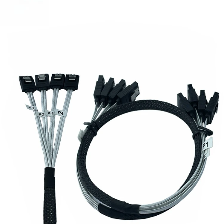 كابل SAS فضي صغير 4 SATA إلى 4 SATA 3.0 7P مع علبة كمبيوتر شبكية مضفرة طول كابل خادم القرص الصلب اختياري 0.5 متر 1 متر