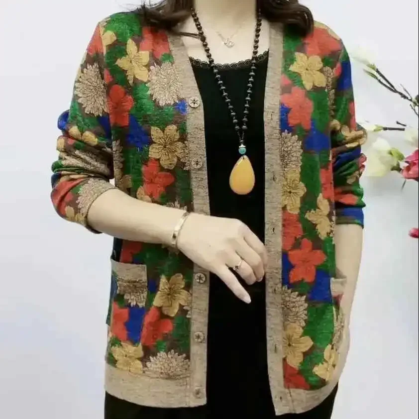Mother's Clothing Middle-Aged Women's Jackets Fortune Tree Knitted Printed Cardigan Loose Coat Long-Sleeved Card Ladies Top