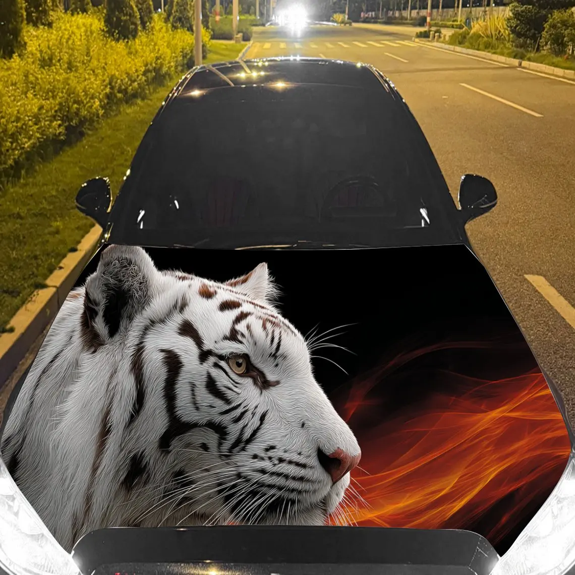 

Car Decal White Tiger with Fiery Orange Artistic Background & Intense-Mystic Aesthetic Car Hood Sticker, Waterproof Self - Adhes