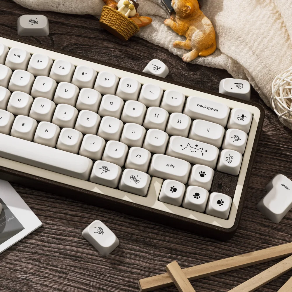 Happy Kitty Cat Keycap Set PBT Thermal Sublimation 124 Keys MOA Height Milk White Girls Mechanical Keyboard Keycaps