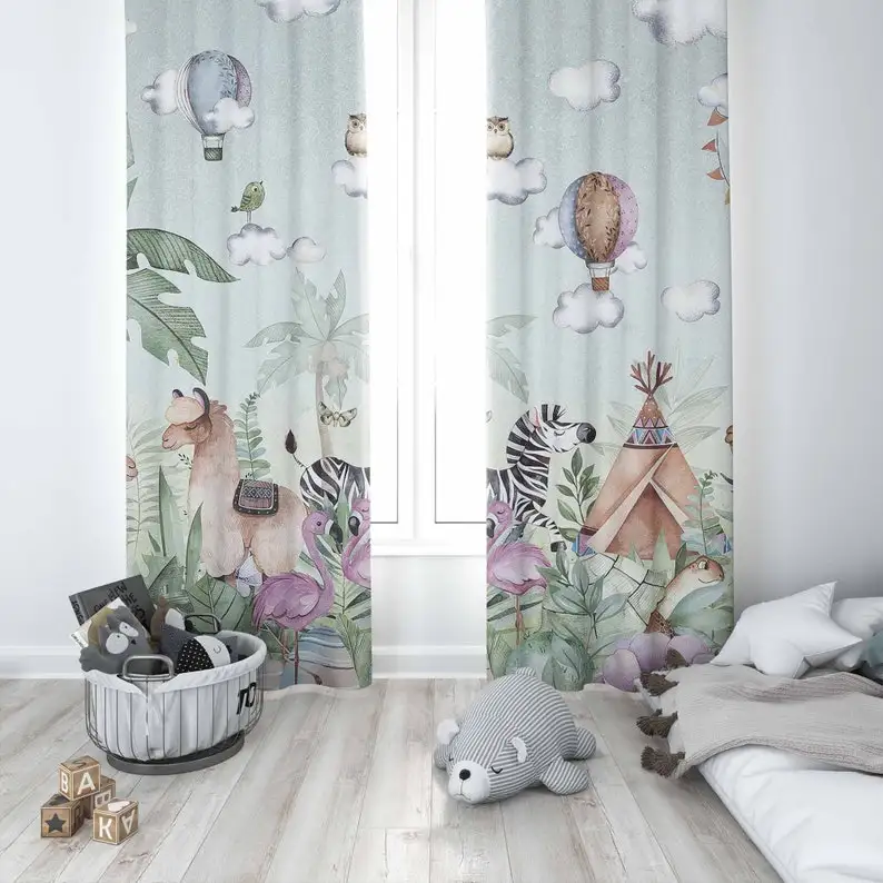 Safari Animals Party Nursery Curtain Kids Bedroom Curtains Black Out Nursery Decor Baby Room Bedroom Living Room Curtains