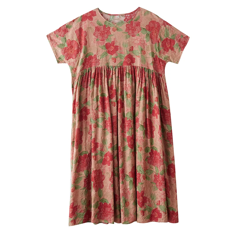 2025, katoenen en linnen jurk dames zomer casual losse retro maxi-jurk met korte mouwen en bloemenprint