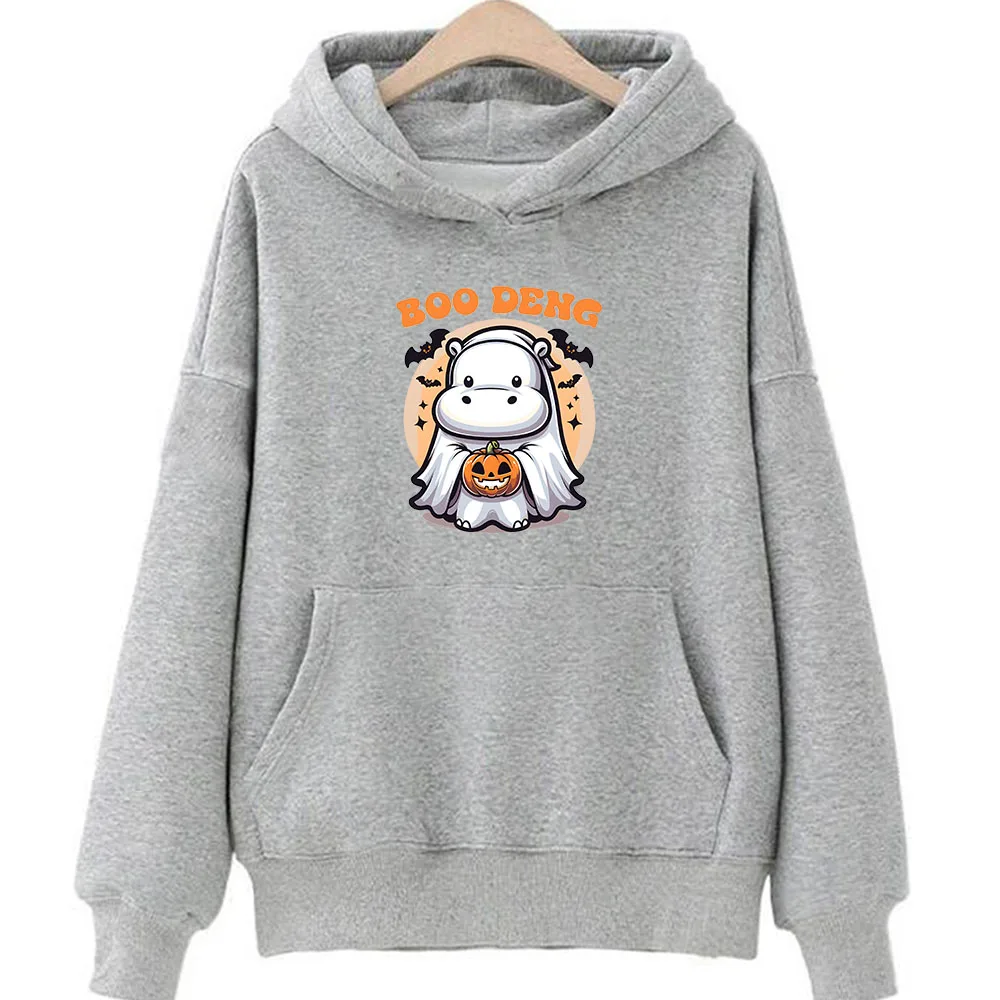 Moo Deng Bouncy Pig Pygmy Hippo in Thai Halloween Hoodies with Pocket Kawaii Sweatshirt Boys/girls Cartoon Comic Soft Pullovers