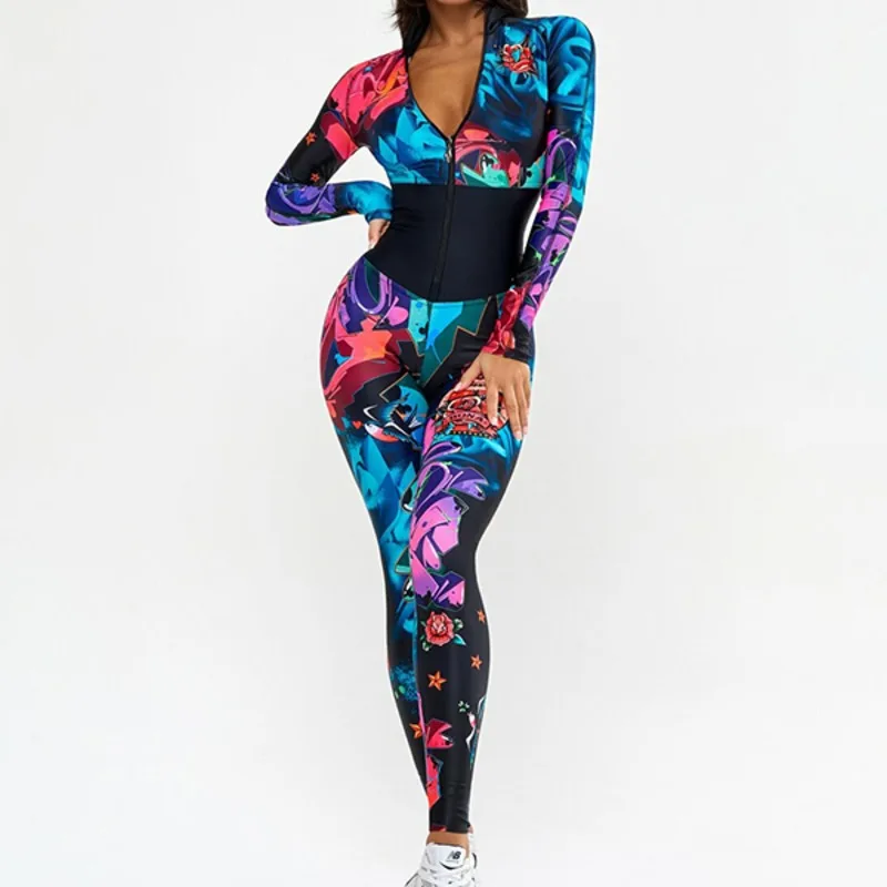 

Krismile Skinny Jumpsuits Women 2026 New Long Sleeves Printed Zipper Fitness Workout One Piece Jumpsuit Bodysuit 154652