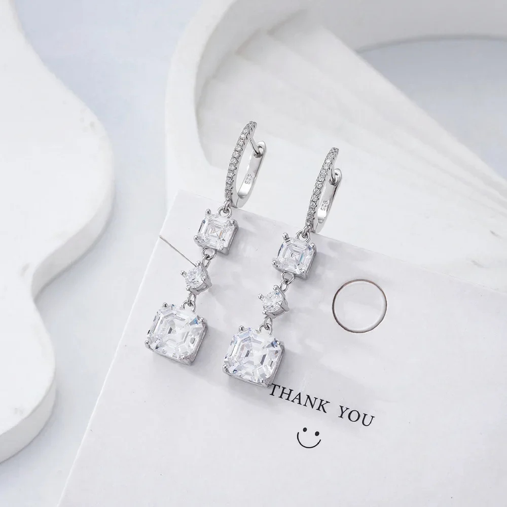 New Models 9 * 9 As Cut High Carbon Diamond Long Earrings for Women 925 Sterling Silver Square Chamfered Sugar