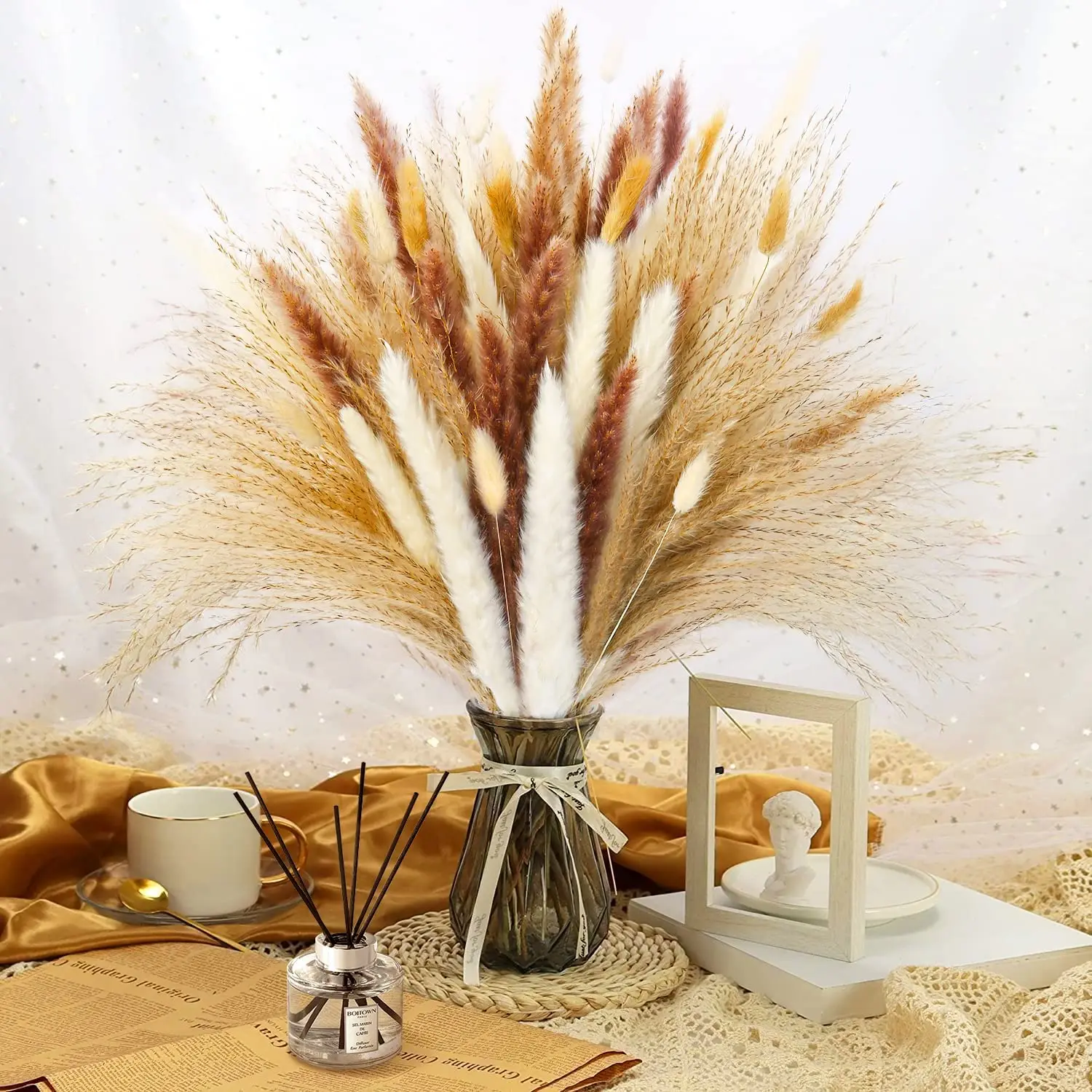 120pcsNatural Pampas Grass Fluffy Small Reeds Flowers Bouquet Boho Living Room Decoration Bunny Tail Grass Dried Flowers Wedding