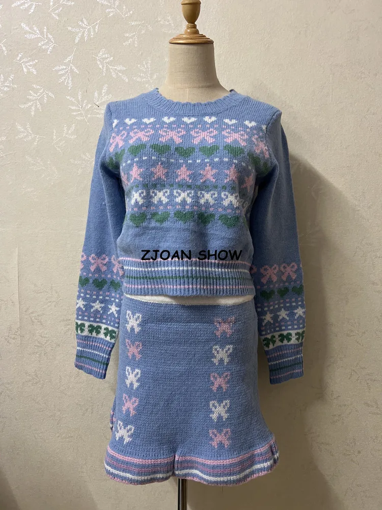 2022 Autumn Blue Heart Bow Pattern Knitted Long sleeve Pullover Cropped Sweater Retro Women High Waist Mini Skirt Matching Set