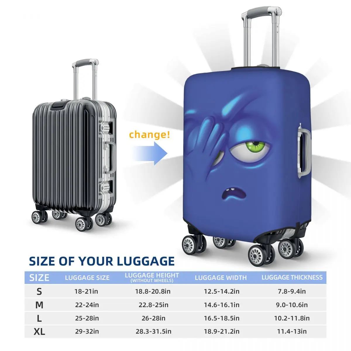 Facial Expression Suitcase Cover Blue Funny Face Cartoon Cruise Trip Flight Fun Luggage Supplies Protector