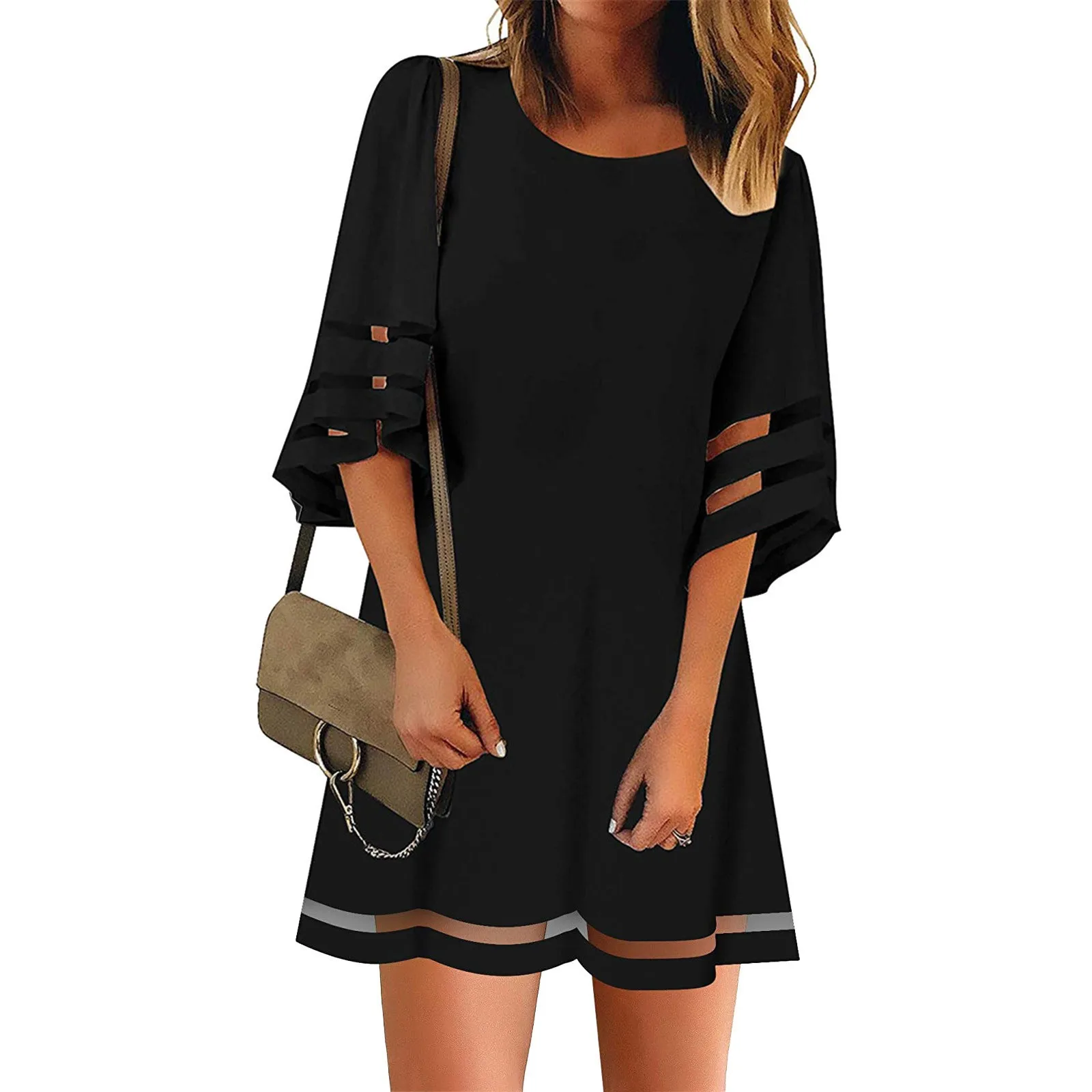 Women A-line Mesh Bell Loose Dress 3/4 Tunic Casual Sleeve Crewneck Patchwork Women\'s Summer Wrap Dresses