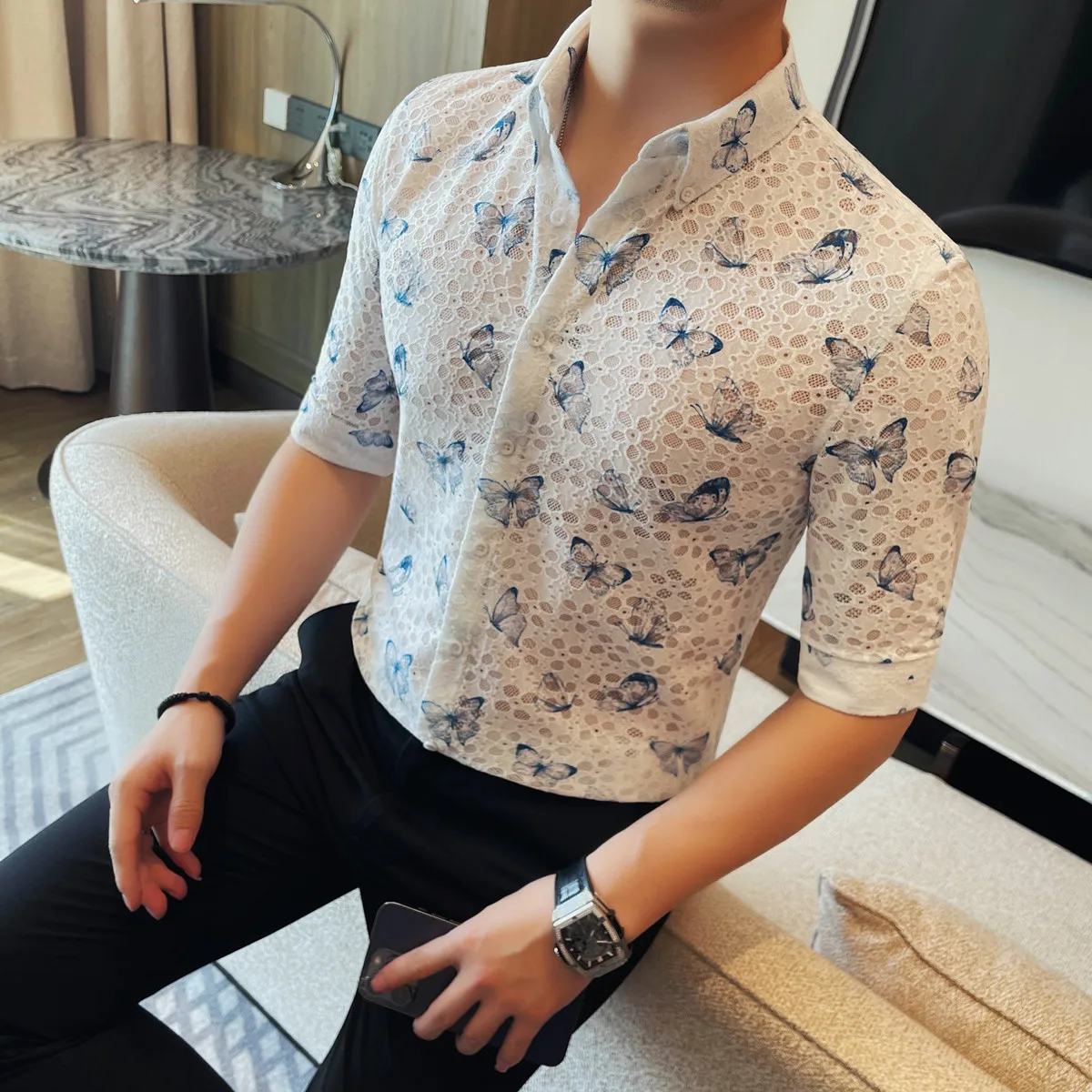 

Men's Mesh See Through Butterfly Print Shirt Half Sleeve Sexy Clubwear Dress Shirts Party Event Prom Transparent Chemise Homme