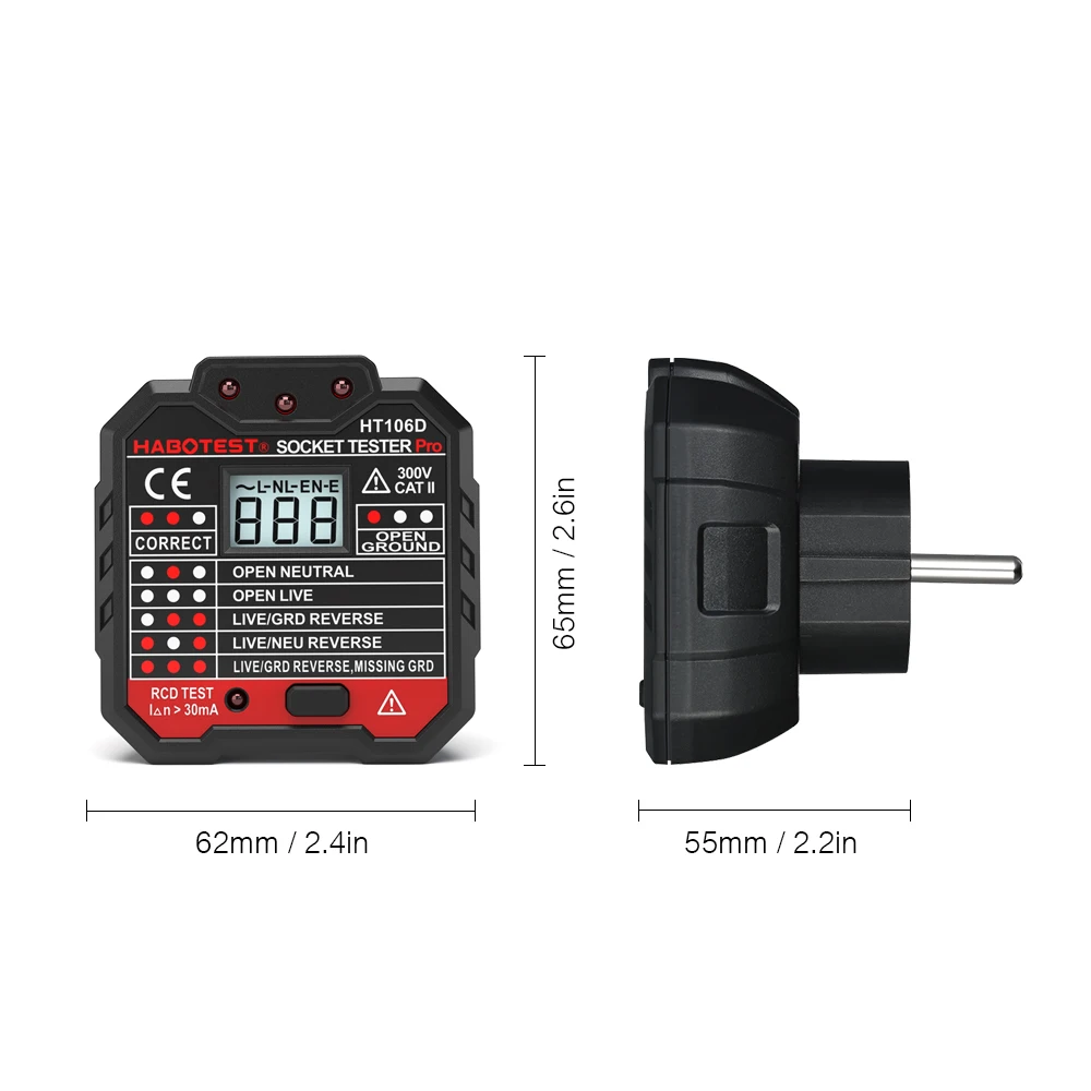 HT106/HT107 Digital Outlet Socket Detector Voltage Test Socket Testers US/UK/EU Plug Ground Zero Line Phase Check RCD NCV Tester