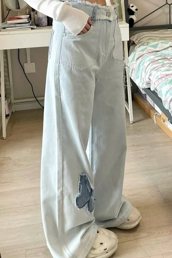 กางเกงยีนส์ผู้หญิงเอวสูงทรงหลวมสไตล์วินเทจ Y2K สตรีทแวร์ สีน้ำเงิน ขากว้าง ทรงโอเวอร์ไซส์ ทรงหลวม สไตล์โกธิค เกาหลี สวยงาม ทันสมัย