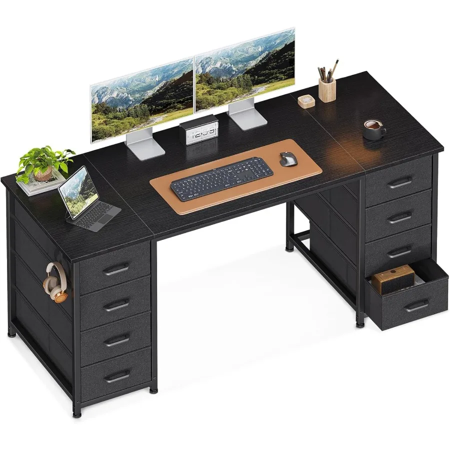 

55 Inch Computer Desk with 8 Fabric Drawers Modern Office Desk with Large Storage for Home Office Study Gaming Black