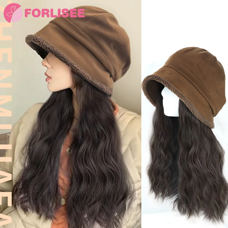 FORLISEE Synthetic Hat Wig Women's Lamb Hair Octagonal Beret Autumn/Winter Fashion Maillard Style Long Curly Hair Wig Hat