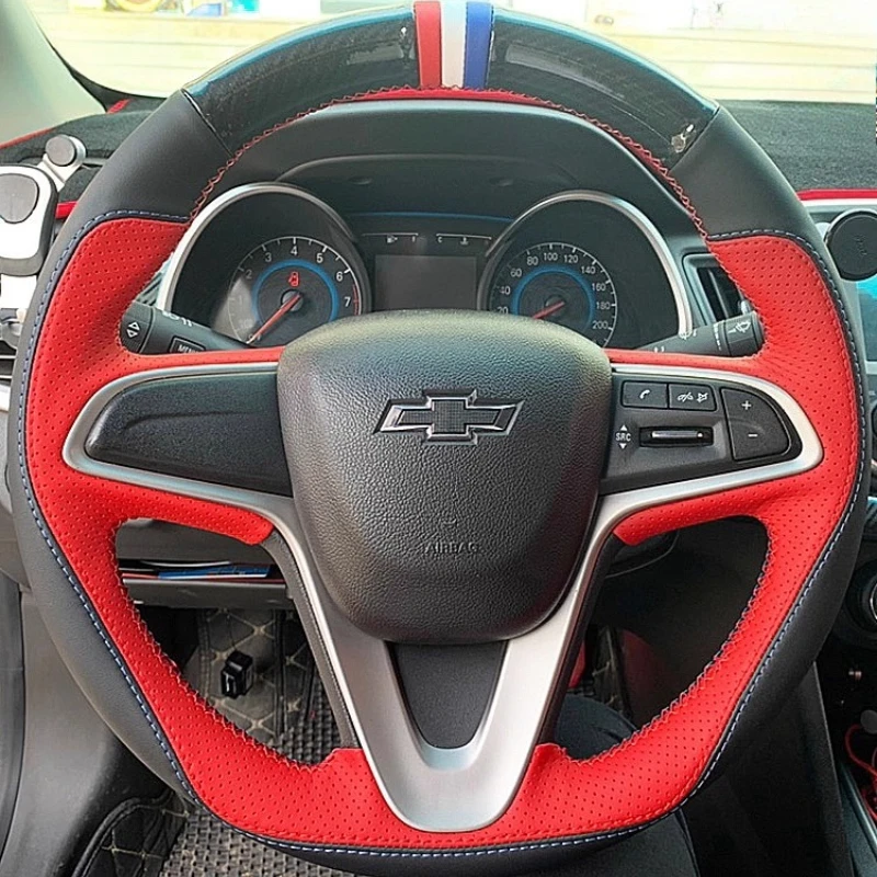 

Hand stitched Black red Genuine Leather Carbon Fiber Car Steering Wheel Cover for Chevrolet Sail 2015-2017 Cavalier 2016 2017