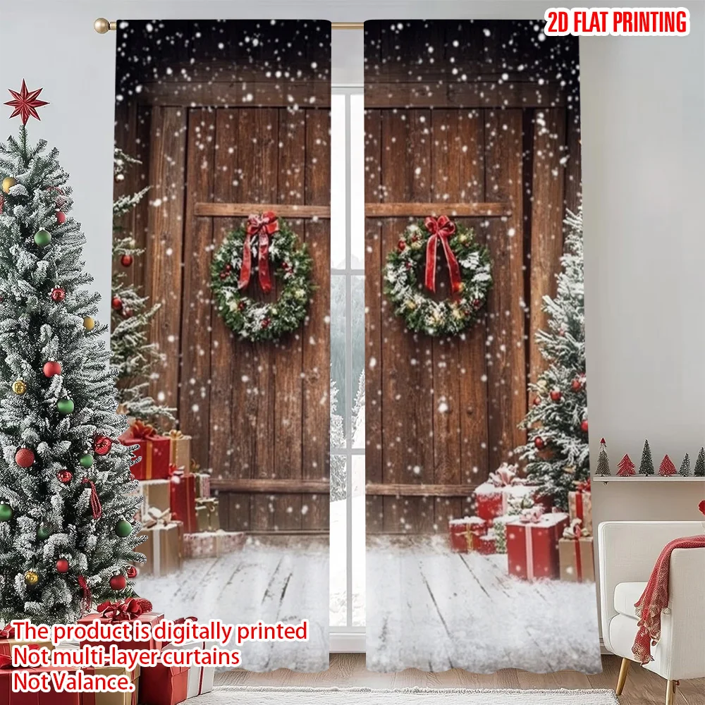 

2pcs 2D flat printing Merry Christmas Curtain Winter barn door with Christmas tree snow scene Versatile Fabric Without