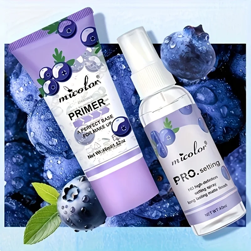 2-teiliges Blueberry Primer- und Setting-Sprühset – feuchtigkeitsspendende Make-up-Basis + langanhaltendes, mattes Finish