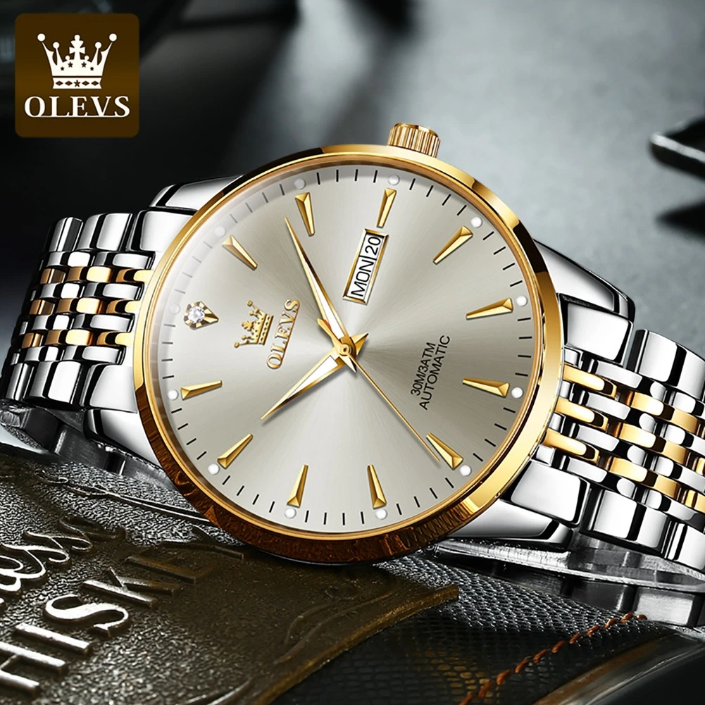 OLEVS 6635 Mechanical Business Watch Gift Stainless Steel Watchband Round-dial Week Display Calendar Luminous