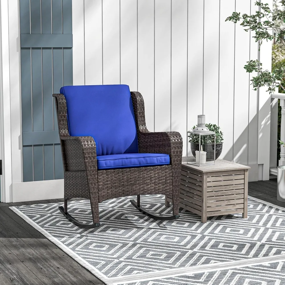 

Outdoor Wicker Rocking Chair with Wide Seat, Thick Cushions, Rattan Rocker with Steel Frame, High Weight Capacity for Patio