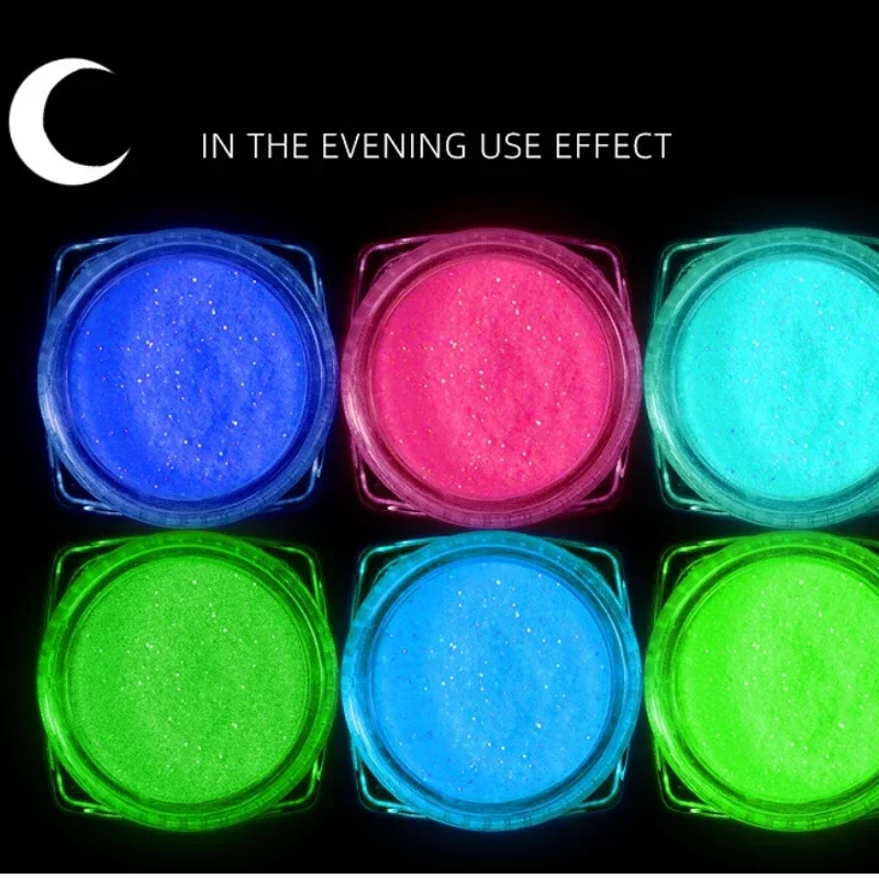 6 colores/juego de herramientas de manicura DIY en polvo de luz nocturna súper brillante para decoración de uñas