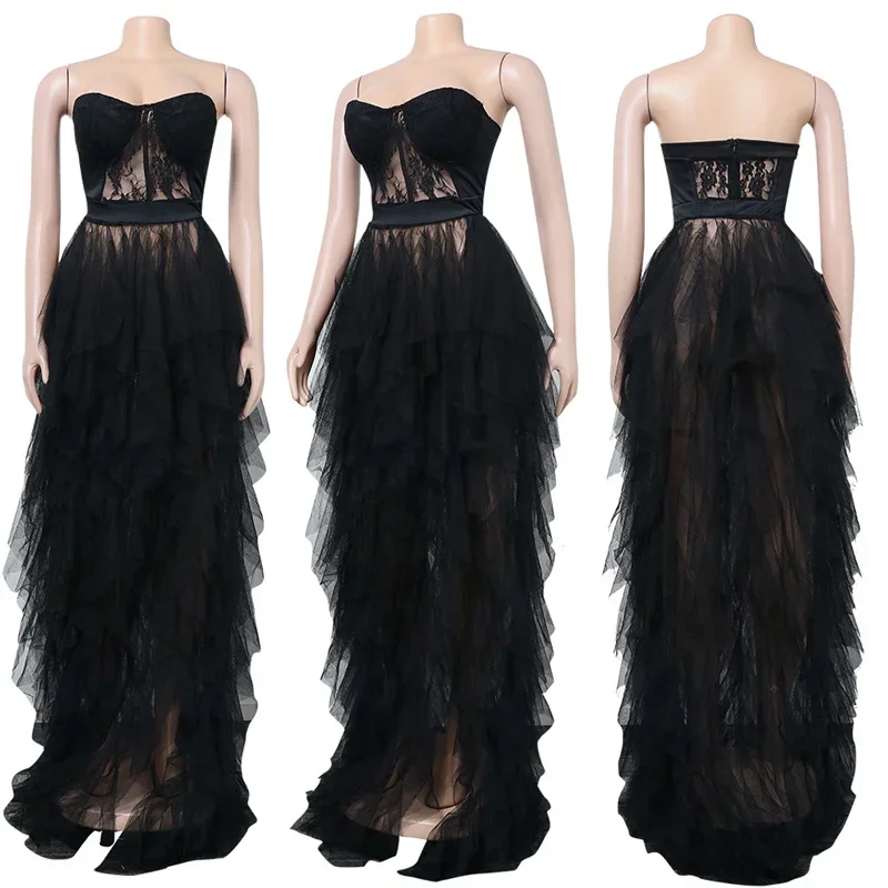 Abiti da sera sexy con volant a cascata in tulle diviso per donna Elegante abito da ballo con maxi abito in pizzo incrociato senza spalline con