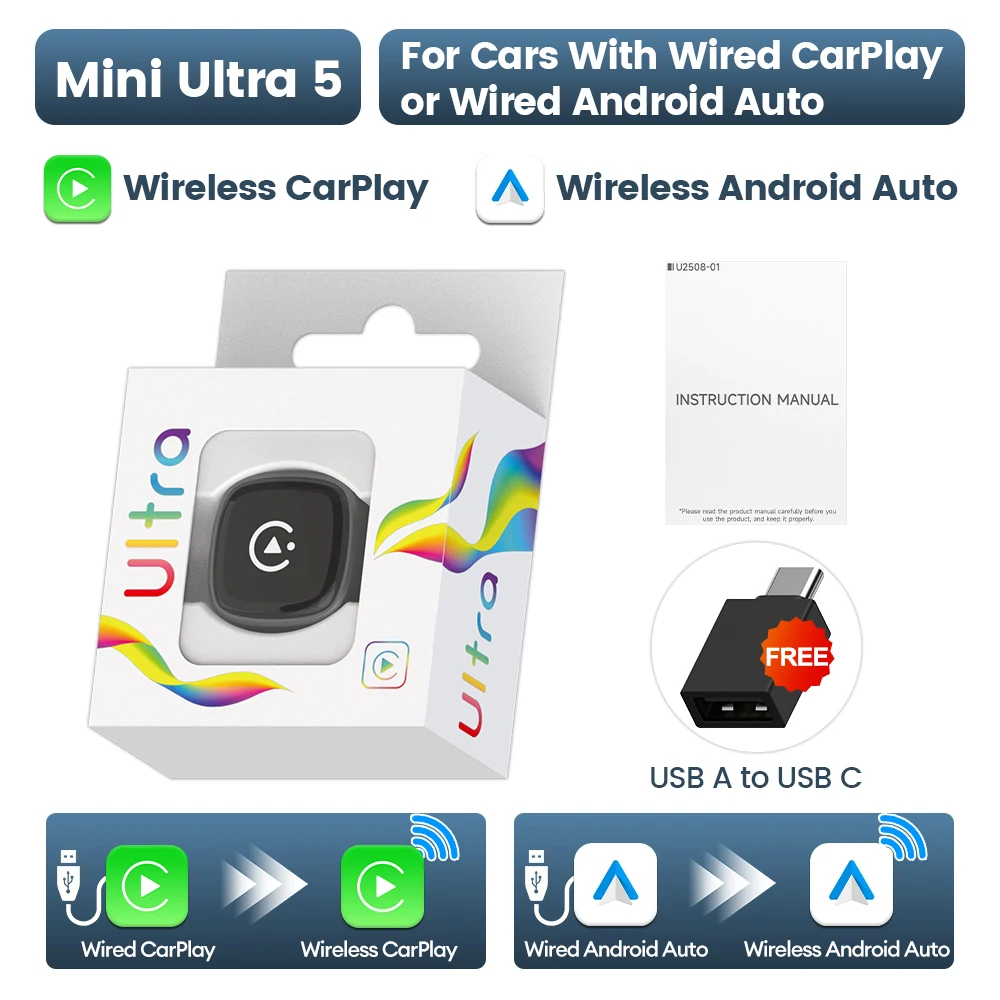 2026 Mini Ultra 4 Originele 5.0 2-in-1 Draadloze Adapter Draadloze Android Auto & CarPlay Smart Car Box Plug & Play Online Upgrade