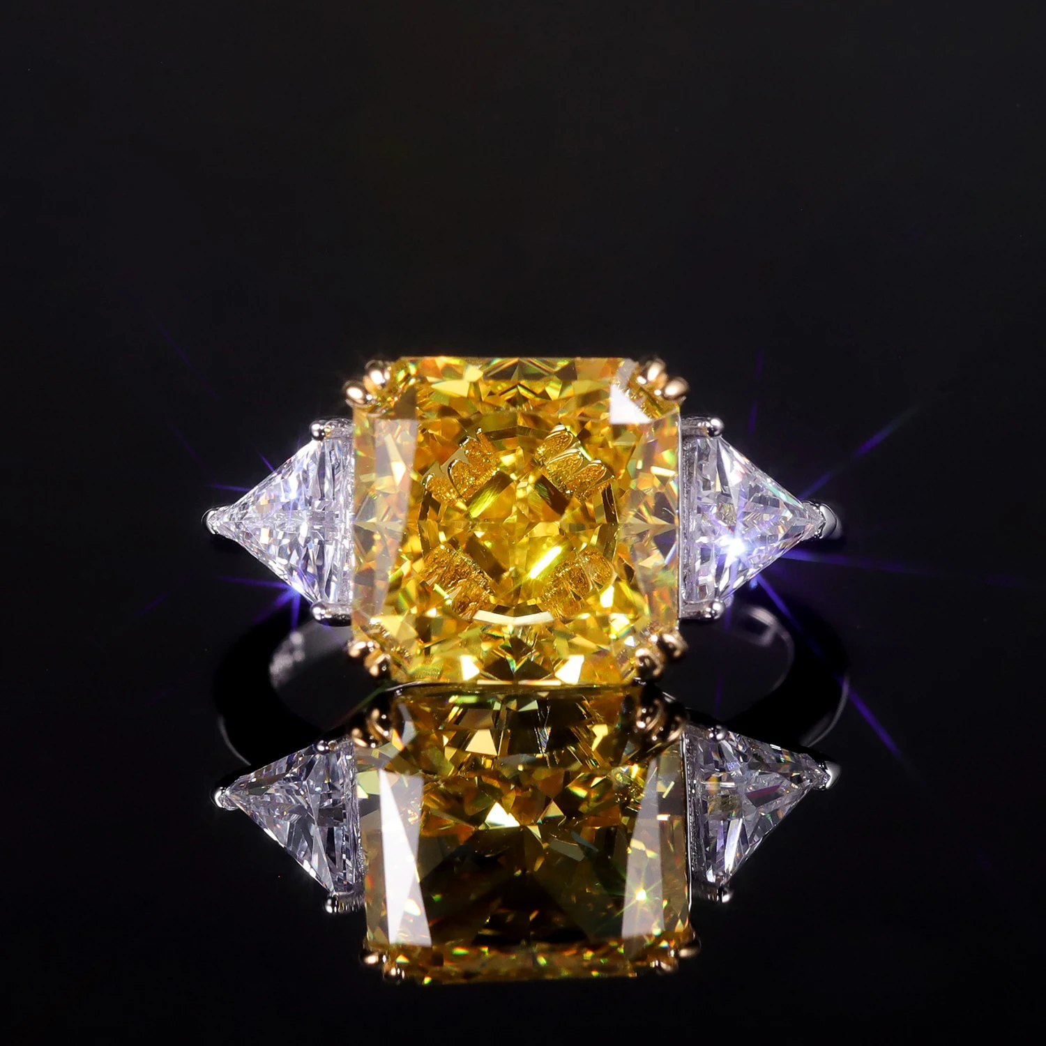 GEM'S BALLET Luxury Diamond-fire CZ- Fancy Vivid Yellow Engagement Rings 925 Sterling Silver Handmade Statement Ring