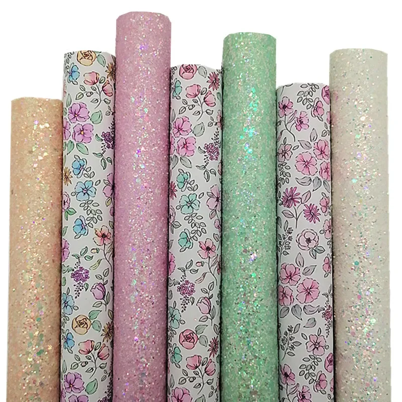 Pastel Colors Glitter Leather Flowers Printed Fabric Vinyl Felt Backing Smooth Faux Leather DIY craft Bow Sheets Rolls Q1851