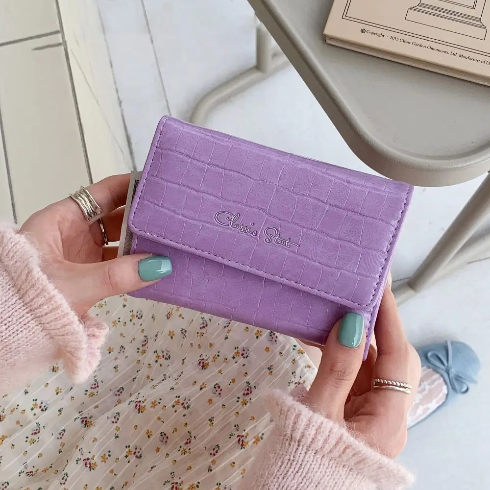 New Small Short Wallet Triple Fold High-capacity Card Holder Solid Color Coin Purse Student