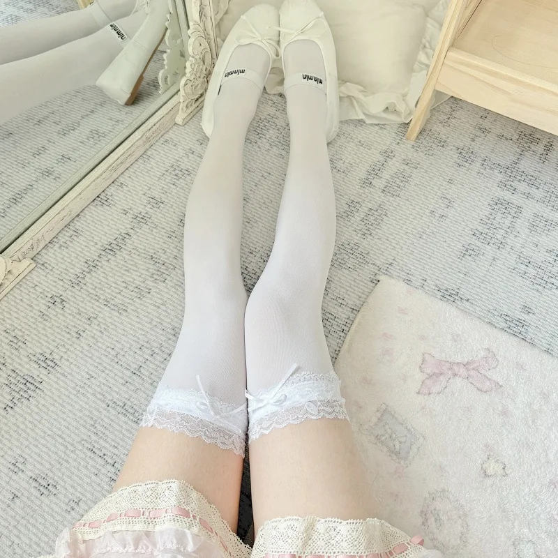 Elegante, durchsichtige, weiße, oberschenkelhohe Spitzensocken für Damen mit Schleife – süße Lolita-Cosplay-Strümpfe für den täglichen Gebrauch, sexy Geschenkstrümpfe – Detail 16