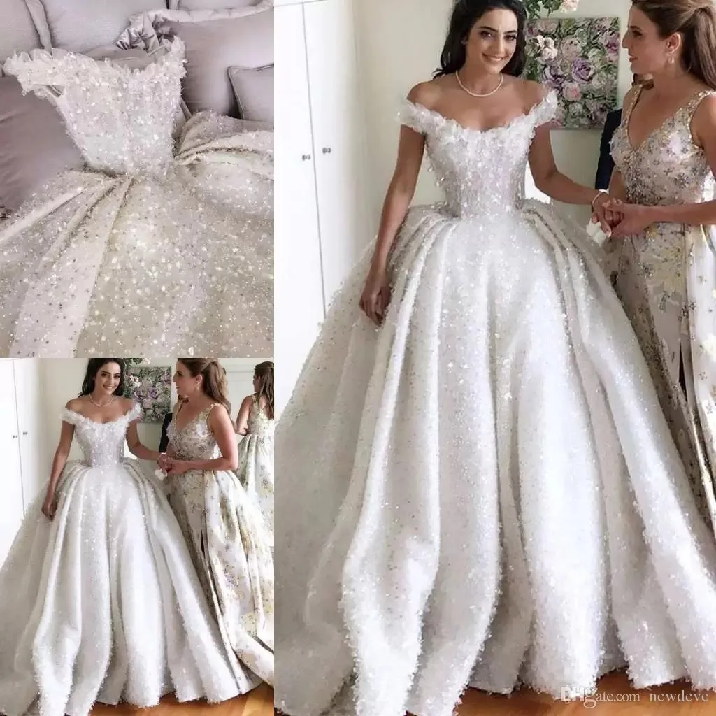 

Off Shoulder Wedding Dresses Bling Bling Sweep Train Lace Bridal Gowns Beads Crystal Sequins Custom Made Ball Gown Wedding Dress