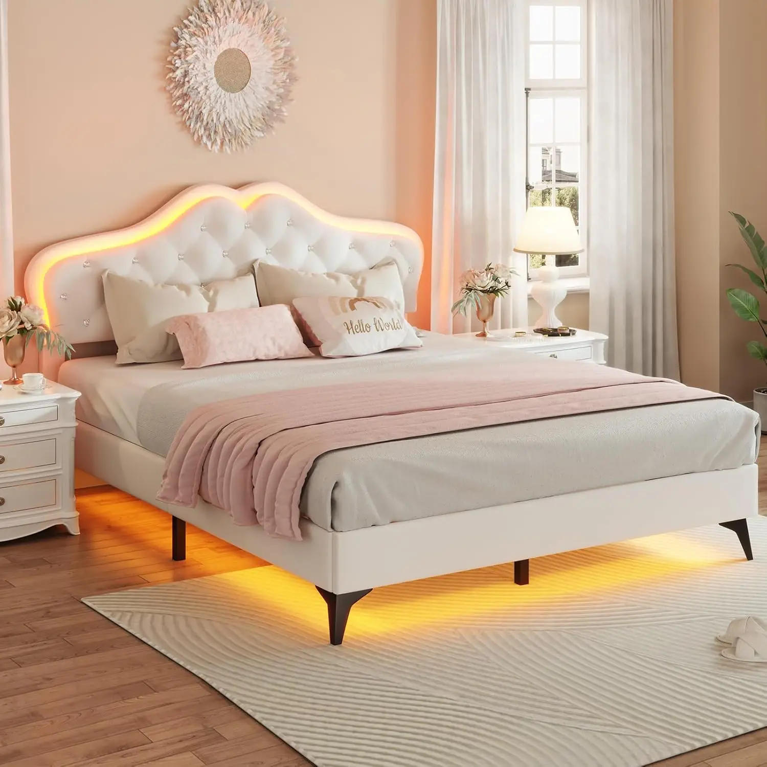 Upholstered Bed Frame with LED Lights, Adjustable Headboard with Crystal Button, Princess Platform Bed for Girls