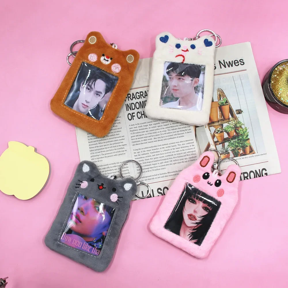 Korean Cartoon Animal Card Holders with Key Ring Student's Cute Keychain Photo Holder Bus Card Bag