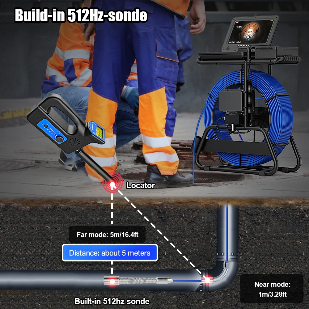 50m to 100m Inspection for Pipes With 512Hz Transmitter+HD 1080P Head+Auto Balance+10.1In Screen+Meter Counter