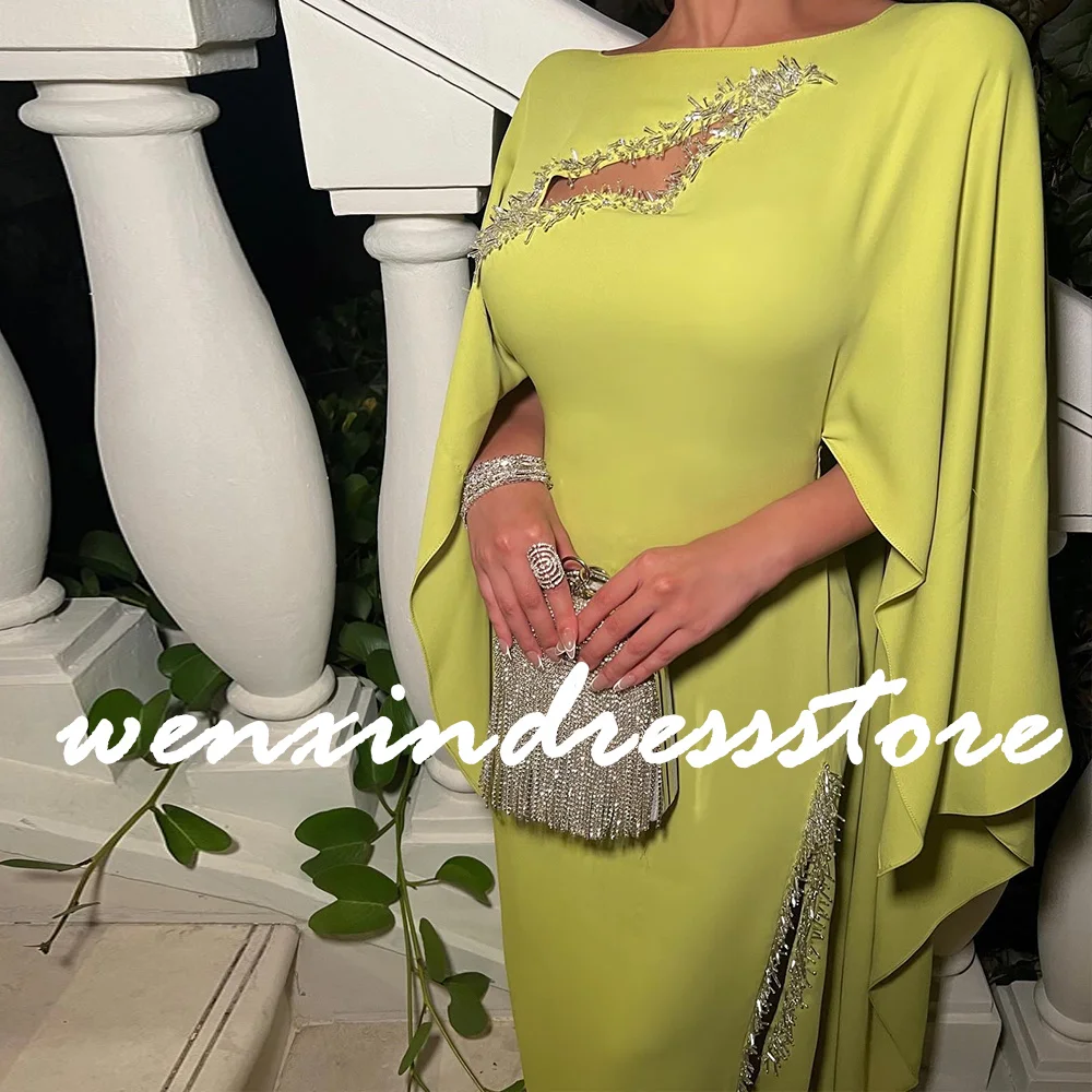 Customized Elegant Crystal Jersey Off the Shoulder Evening Dress Fashion Boat Neck Straight Long Sleeves Special Occasion Gowns