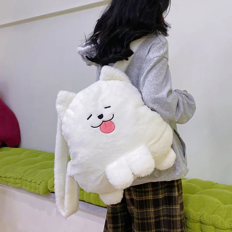 Mochila japonesa para mujer, bonita mochila de perro de peluche blanco gordo, mochila escolar para muñeca de dibujos animados para niña