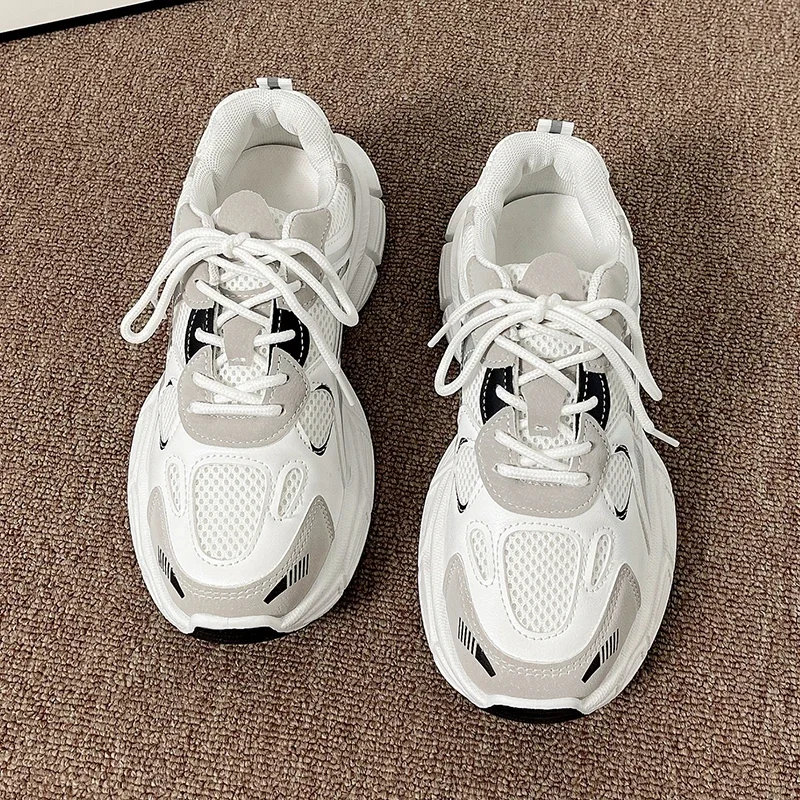 

Pop Outdoor Leather+Mesh Breathable Chunky Jogging Sneakers Summer Women Platform Flat Shoes Woman White Casual Walking Trainers