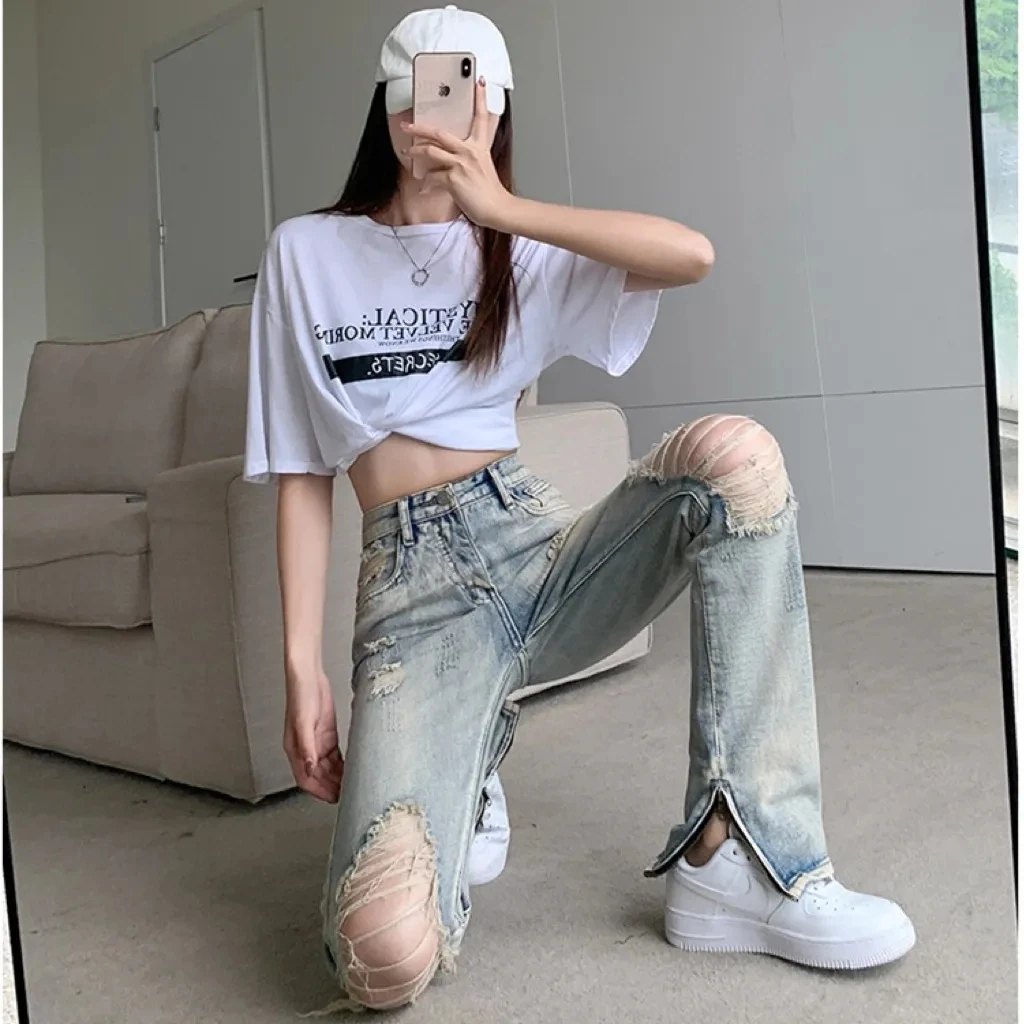 

2023 Jeans Women Summer New Casual Perforated Fashion Versatile High Trousers Waist Slim Loose Straight Leg Long Pants Female