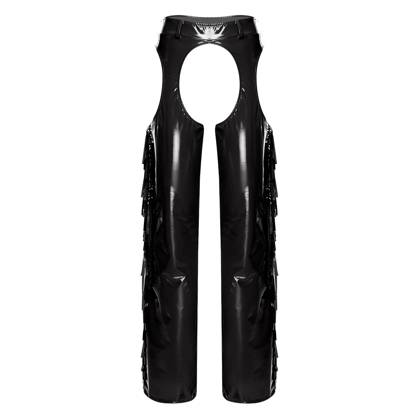 

Женские брюки из искусственной кожи с вырезом в промежности, блестящие широкие длинные брюки с кисточками и боковыми швами для пастушки, диско-танца, брюки на Хэллоуин
