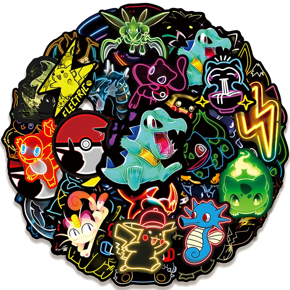 

10/30/50pcs Cool Neon Pokeomn Cartoon Stickers Anime Decals DIY Skateboard Phone Guitar Car Cute Pikachu Waterproof Sticker Toy