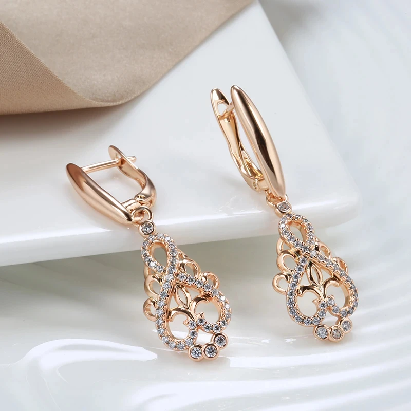 Wbmqda Vintage Long Drop Earrings For Women 585 Rose Gold Color With Natural Zircon Ethnic Wedding Party Luxury Jewelry