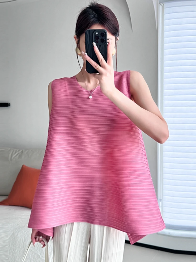 Miyake Classic Irregular Pleated Tops Women Sleeveless Harajuku Korean Casual Solid Color Folds Loose Blouse Shirt Clothes