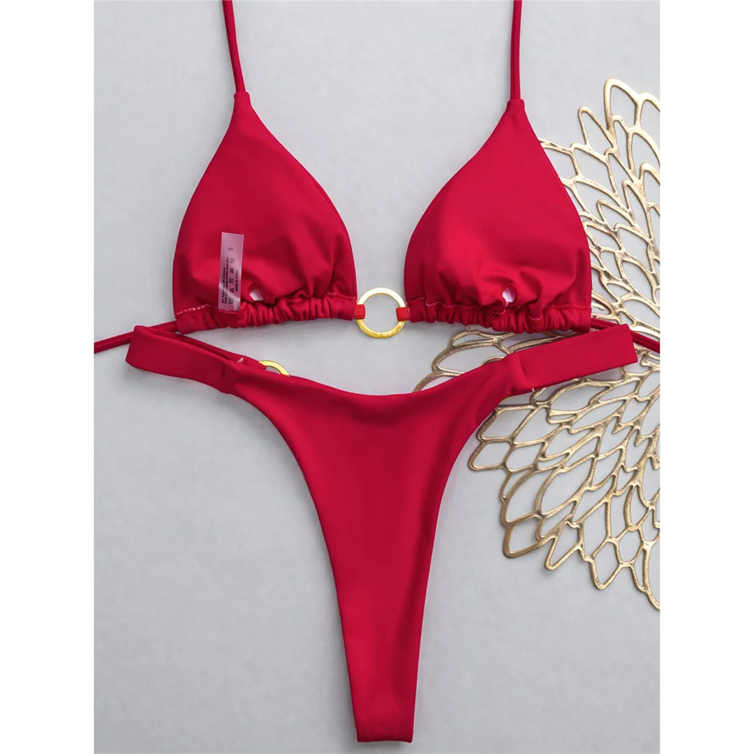 XS - L Halter-Bikini mit Metallring, Mini-Tanga, Damen-Badeanzug, zweiteiliges Bikini-Set, Badebekleidung, Badeanzug, Modell V8107 – Detail 5